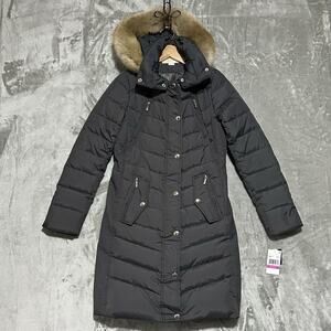 Michael Kors Goose Down Puffer Coat Faux Fur Hood Womens Size XXS Gunmetal Gray